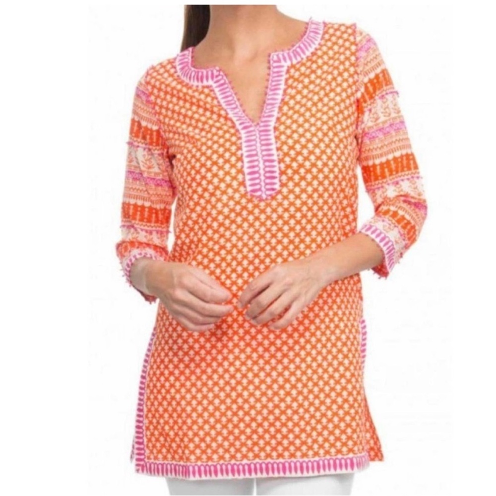 Gretchen Scott Women's Orange Pink Beaded Geometric Tunic Blouse Small